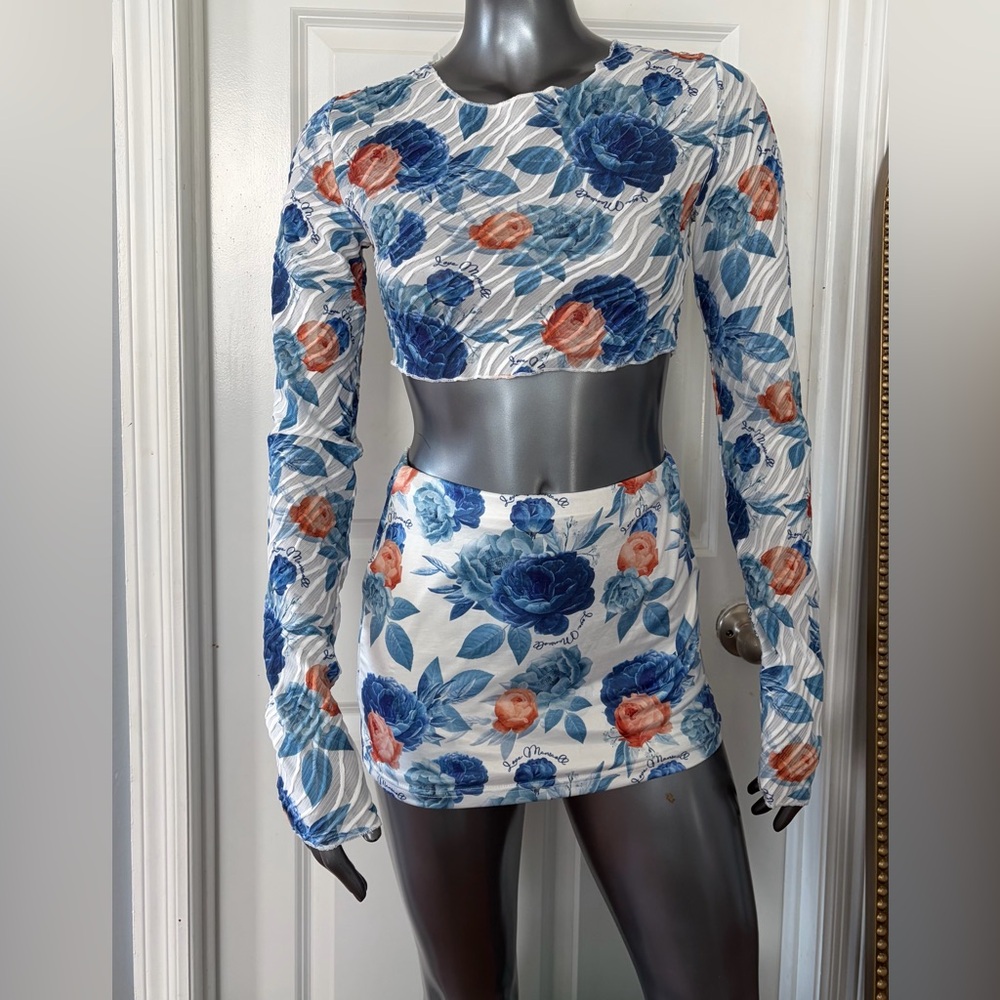 NWT "Cecilia" Sheer Floral Long Sleeve Cropped Top & Matching Mini Skirt Set